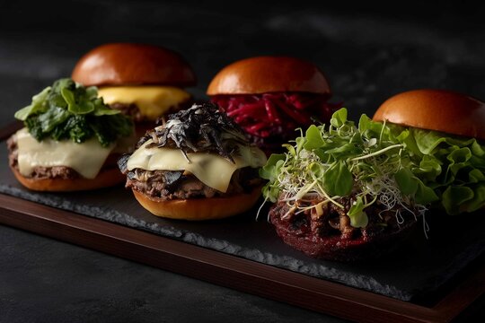 Diverse burgers—diffuse right light, grease gleam, and reaching hand shape visual weight for Hamburger Day.