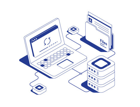 Data recovery concept with laptop showing update icon and file upload progress bar connected to server rack and document folder in isometric line contour vector illustration.