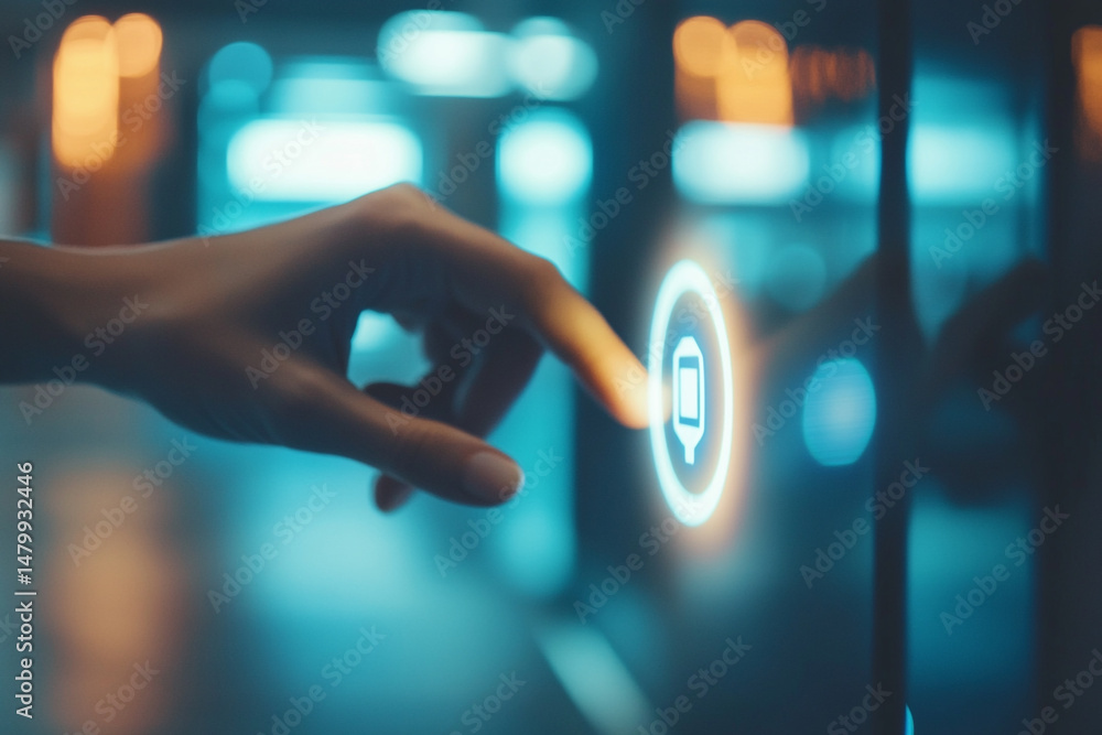 Poster hand interacting with futuristic interface glowing button digital technology