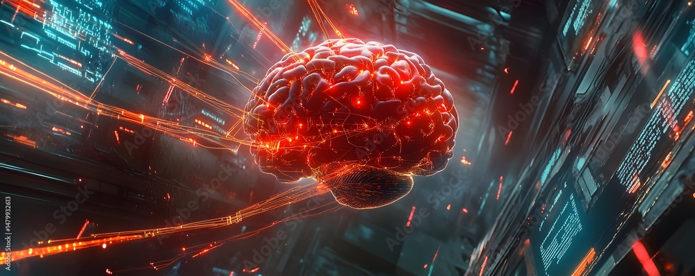 Poster a digital rendering of a glowing brain.