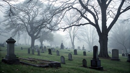 Naklejka premium Misty Morning in a Historic Cemetery with Tombstones and Bare Trees