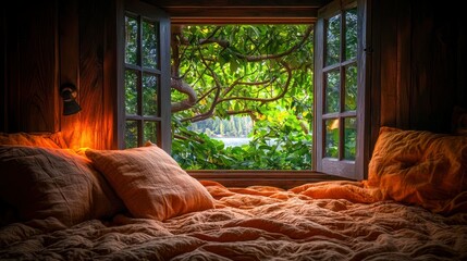 Cozy bed view with open window showing nature
