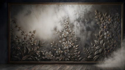 Floral pattern wall, black background.