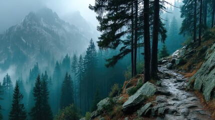 Mysterious foggy mountain path surrounded by pine forest nature photography tranquil environment