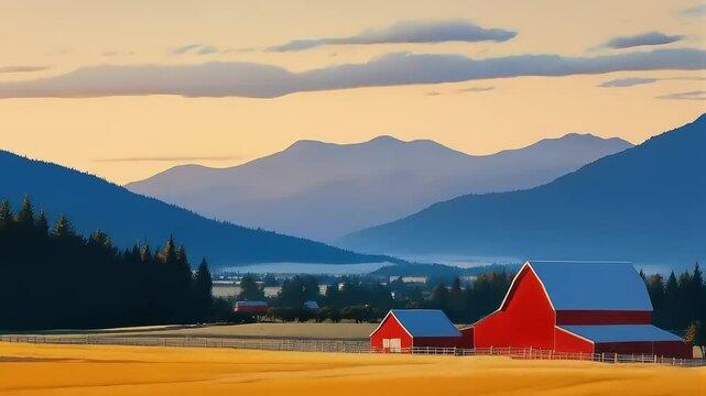 Idyllic barnyard scenery with the mountain range during the serene morning
