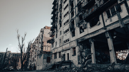 ruined street and destroyed houses the city war in Ukraine