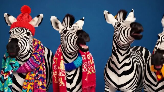 Zebra winter scarf hat colorful animal blue background cheerful group fashion, playful cozy style, fun wool pattern stripe mammal