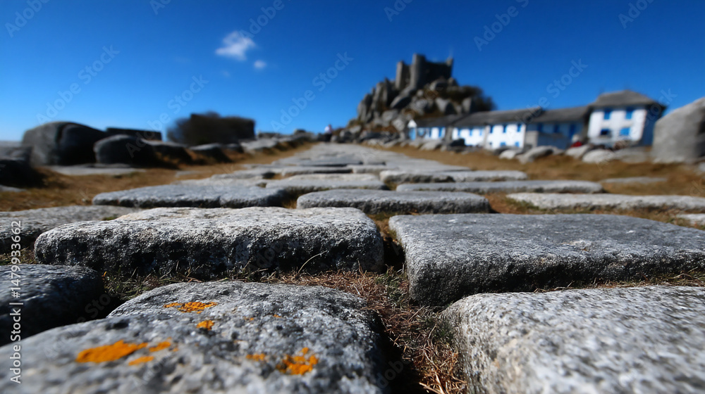 Poster a macro photograph highlighting the rough texture and patterns of the large stone blocks that make u