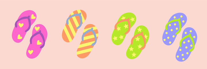 Set of colorful flip flops in cartoon style. Hand-drawn summer sandals isolated on white background.