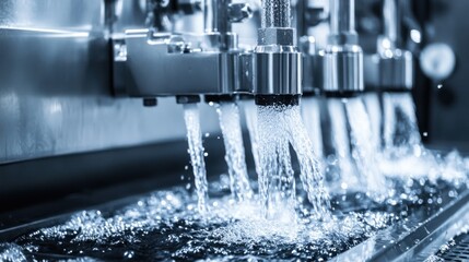 Close-up of multiple water jets flowing from industrial machine