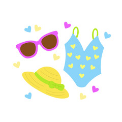 Flat vector set of summer accessories. Cute cartoon-style hat, swimming suit, sunglasses, and flip flops on white background