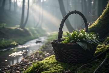 Wicker Basket Filled with Ramsons Wild Garlic Blossoms in a Misty Forest by a Stream