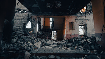 ruined street and destroyed houses the city war in Ukraine