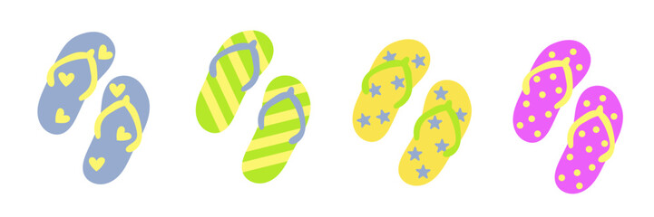 Set of colorful flip flops in cartoon kawaii style. Hand-drawn summer footwear isolated on white background.