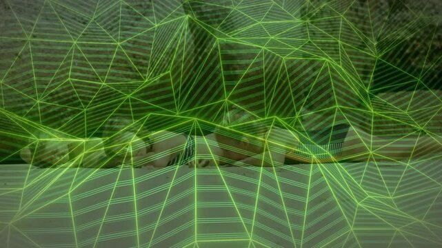 child athletes doing prone workout on mats, displaying green wireframe mesh for fitness tech