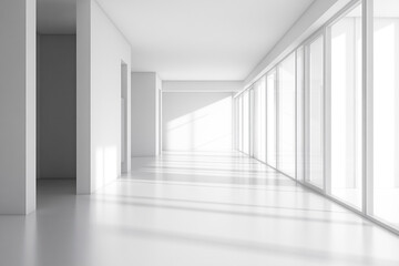 Fototapeta premium Sunlit minimalist white hallway with large windows bright interior design