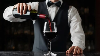 Waiter in formal uniform pouring red wine into glass on black bar counter in elegant restaurant setting