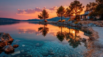 Fototapeta premium Tranquil lake sunset reflections serene landscape nature photography peaceful environment scenic view