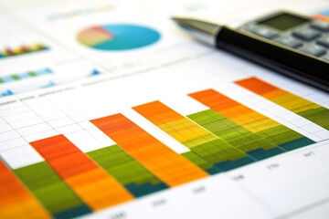 Colorful bar graphs charts and a pen on a financial report