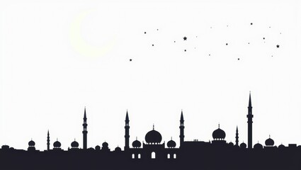 Fototapeta premium Islamic City Skyline Silhouette at Night with Crescent Moon and Stars