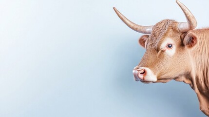 Close-up of a brown cow with curved horns and gentle expression against a light blue background, showcasing detailed fur texture and realistic features