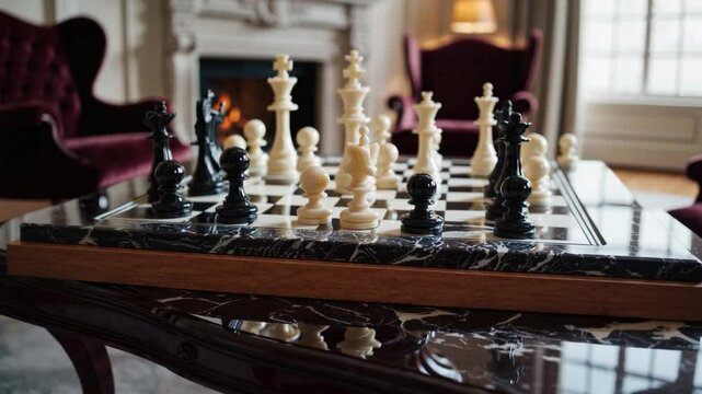 Luxury chess ambiance with elegant marble chessboard, classic pieces, cozy living room, fireplace, and soft lighting