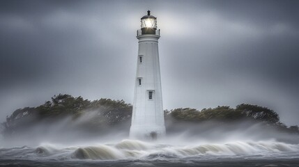 Obraz premium A tall white lighthouse stands strong against a raging storm, its light a beacon in the turbulent sea