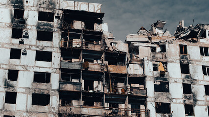 ruined street and destroyed houses the city war in Ukraine