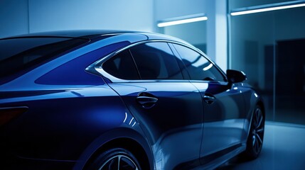Sleek blue sedan showcased in a modern, dimly lit garage