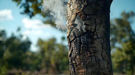 Burnt Tree Trunk With Smoke In Forest
