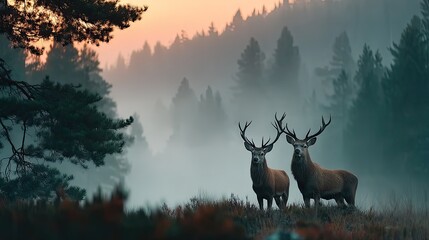 Misty morning encounter with deer in nature reserve tranquil landscape serene atmosphere