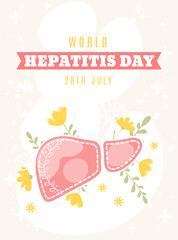 World Hepatitis day on 28th July. Healthy floral liver with flowers and leaves. Vector illustration in hand drawn flat cartoon style. Perfect for vertical poster, banner, card, social media, flyer etc
