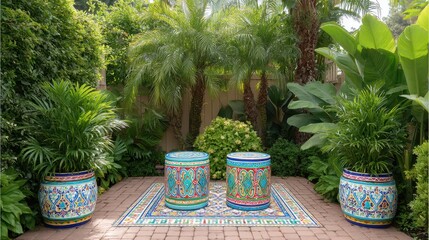 Fototapeta premium Colorful Ceramic Pots and Rug in a Lush Green Garden