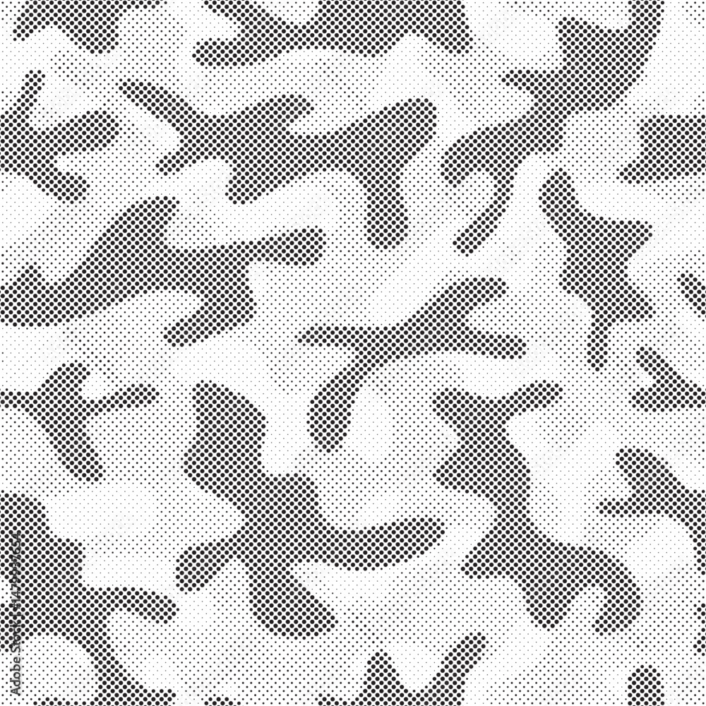 Poster Abstract halftone seamless camouflage pattern. Repeating digital dotted hexagonal camo military texture background. Abstract modern fabric textile ornament. Vector illustration.
