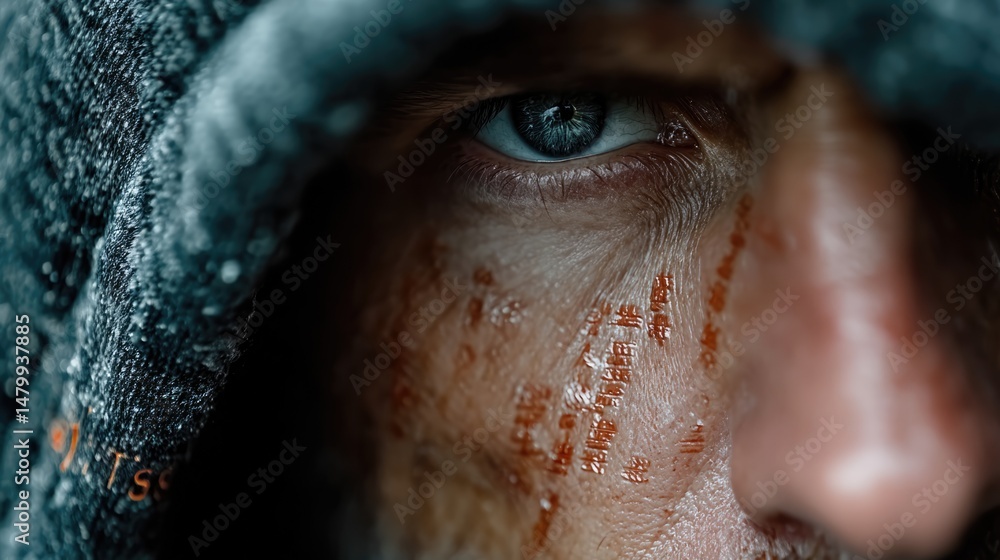 Poster cybersecurity concept art intense close-up of a hacker with glowing screens in dark environment