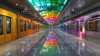 Fototapeta premium Crowded futuristic subway station in urban city bright led panels create an aesthetic high-res view
