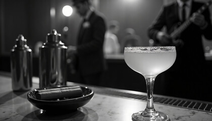 Film Noir Daiquiri – Vintage Coupe Glass on 1950s Marble Bar with Jazz Ambiance (Copy Space)