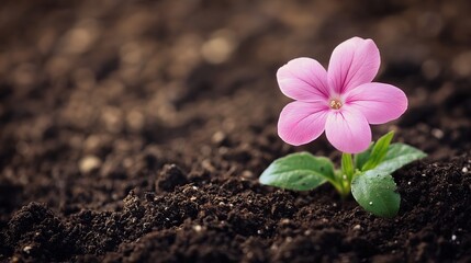 Delicate pink flower blooming in rich dark soil spring life leaf plant petal earth fresh flora macro
