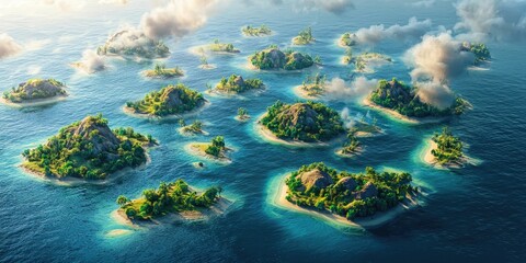 About 100 different islands in a fantasy ocean.