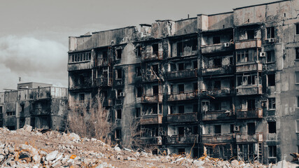 ruined street and destroyed houses the city war in Ukraine
