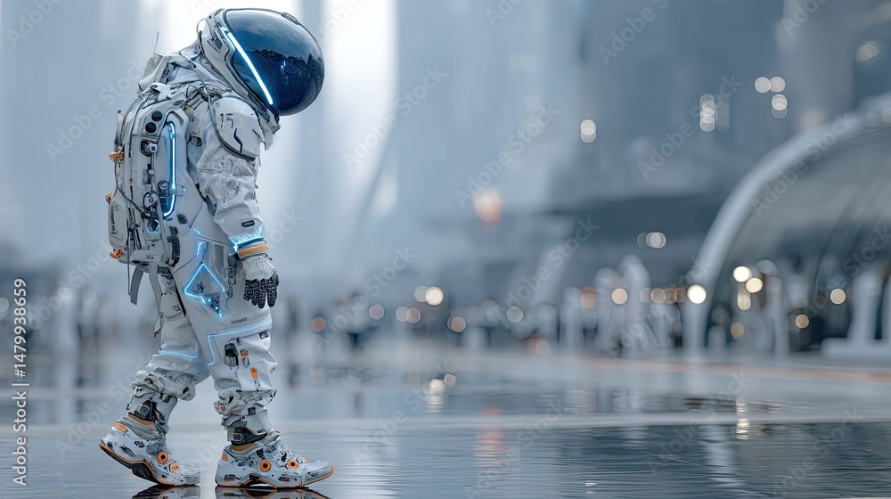 Poster futuristic astronaut avatar in virtual space digital art showcase high-tech environment surreal view