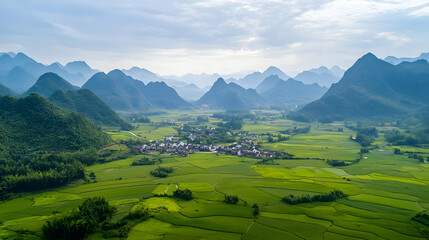 Aerial View Of Lush Green Valley With Village And Mountains