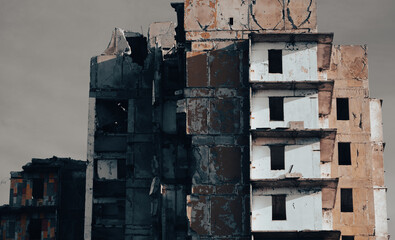 ruined street and destroyed houses the city war in Ukraine