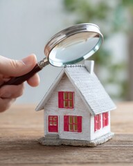 Close up of hand holding magnifying glass over miniature house on wooden surface home inspection concept
