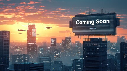 Futuristic cityscape with coming soon billboard