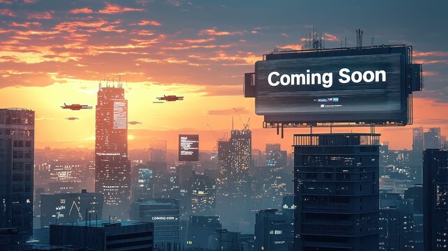 Futuristic cityscape with coming soon billboard - Powered by Adobe