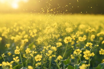 Fototapeta premium Golden field of flowers pollen floats in sunlight