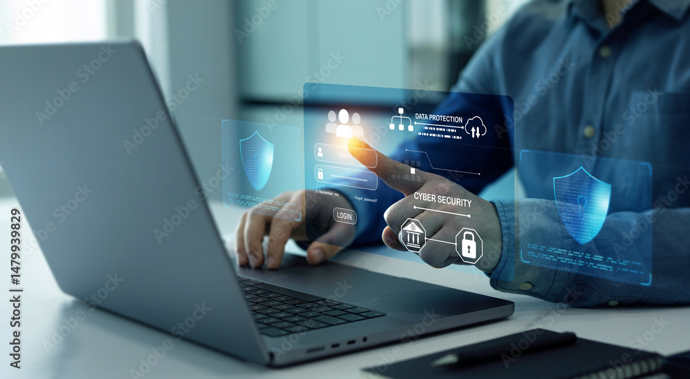 Aufkleber cyber security protection concept.protecting herself from cyber attacks and personal data.protection