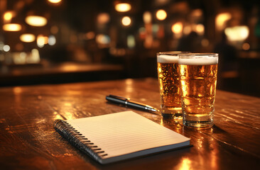 Two glasses of beer, notebook with pen on dark wooden table. Pub quiz concept. Beer glasses with blank paper for answers. Game time, fun at bar, team quiz at night.