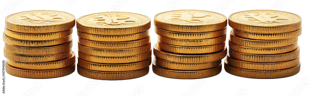 Aufkleber four stacks of shiny gold coins on a transparent background the coins are arranged in a row with the